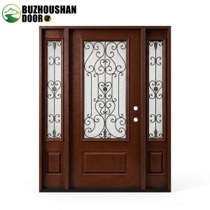Mahogany Wrought Iron Glass Exterior Door with Sidelites | Fiberglass Door Wholesale